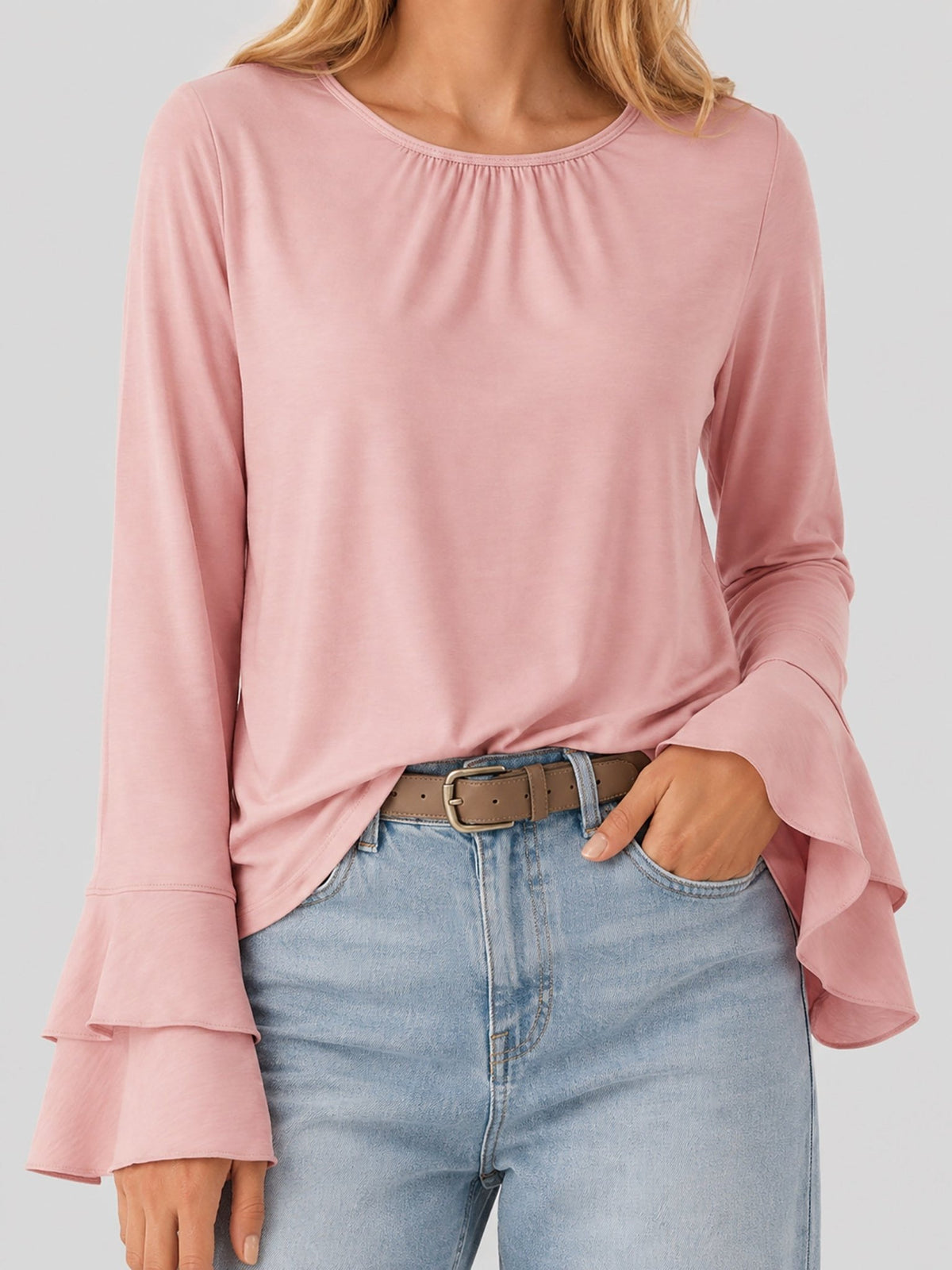 YUCOLEN Women's Double Ruffle Bell Sleeve Dressy Casual Tunic Blouse in Light Pink