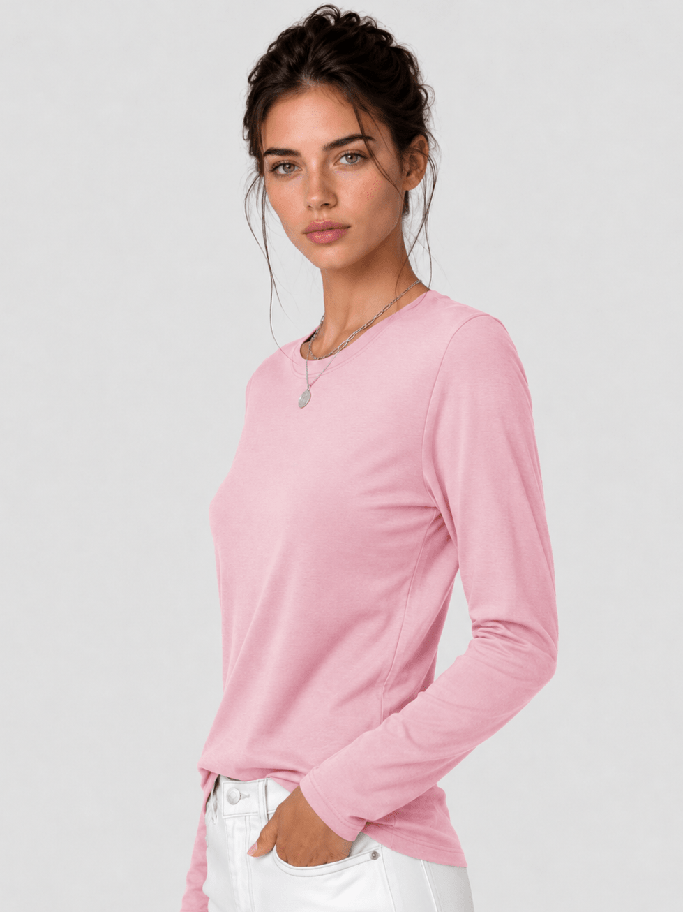 YUCOLEN Women's Long Sleeve Crew Neck Shirt Soft Tri-blend Cotton Performance Tee in Light Pink