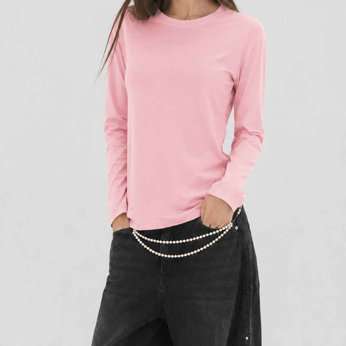 YUCOLEN Women's Long Sleeve Tri-blend Shirt Soft Breathable Loose Fit Crew Neck Tee in Light Pink