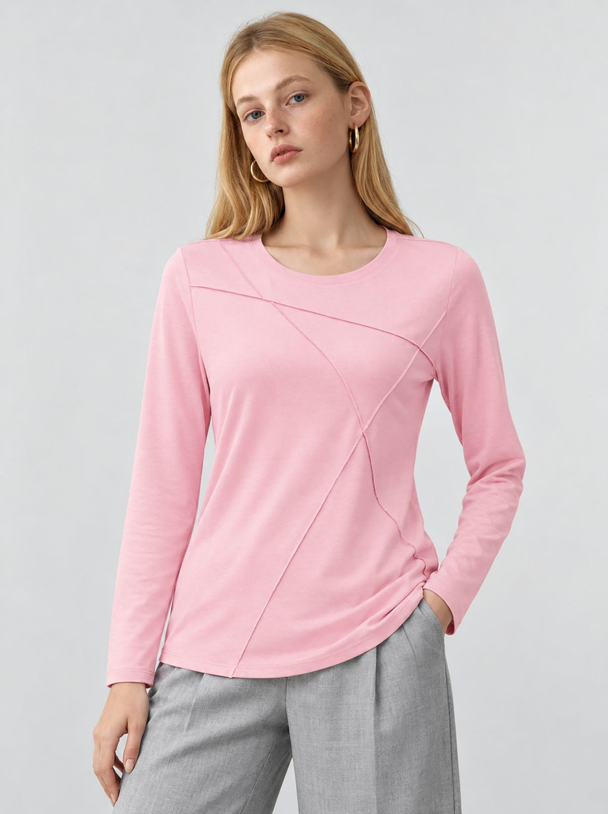 YUCOLEN Womens Pleated Crew Neck Long Sleeve Casual Stretch Top in Light Pink