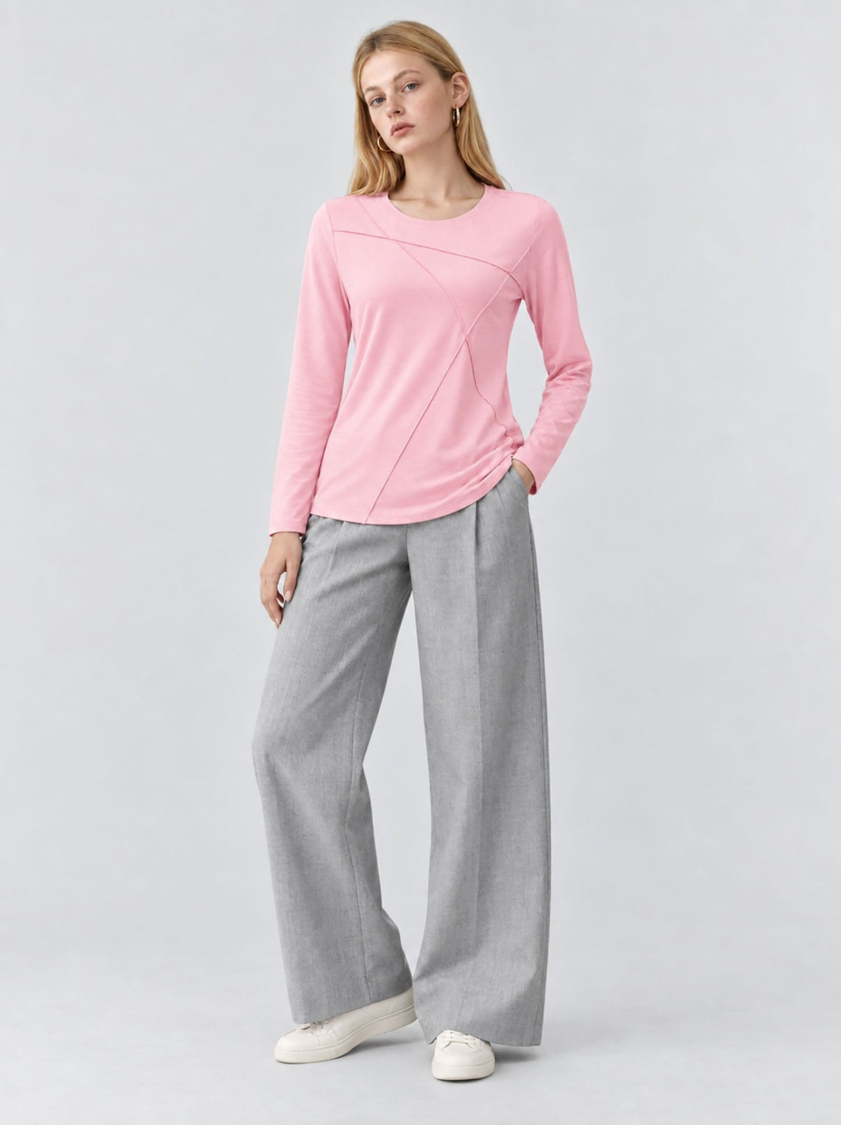 YUCOLEN Womens Pleated Crew Neck Long Sleeve Casual Stretch Top in Light Pink