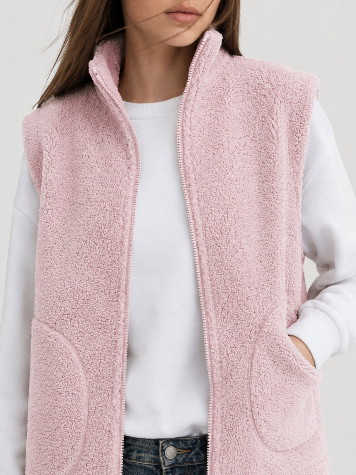 YUCOLEN Women's Sherpa Fleece Vest Fuzzy Zip Up Sleeveless Jacket with 4 Pockets in Light Pink