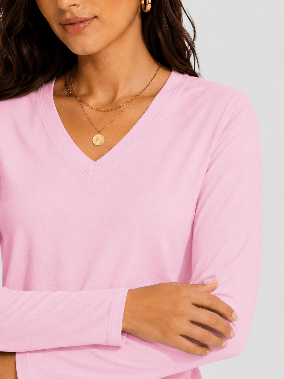 YUCOLEN Women's V Neck Long Sleeve Shirt Cotton Blend Soft Performance Tee in Light Pink