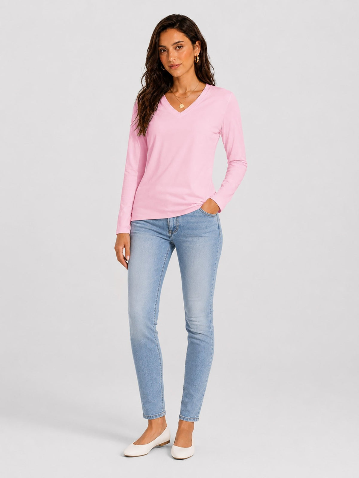 YUCOLEN Women's V Neck Long Sleeve Shirt Cotton Blend Soft Performance Tee in Light Pink