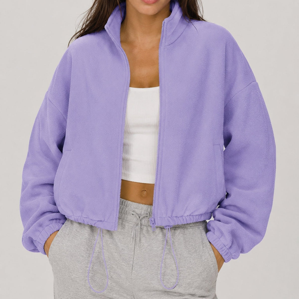 YUCOLEN Women's Cropped Fleece Jacket Full Zip Lightweight Workout Coat in Light Purple