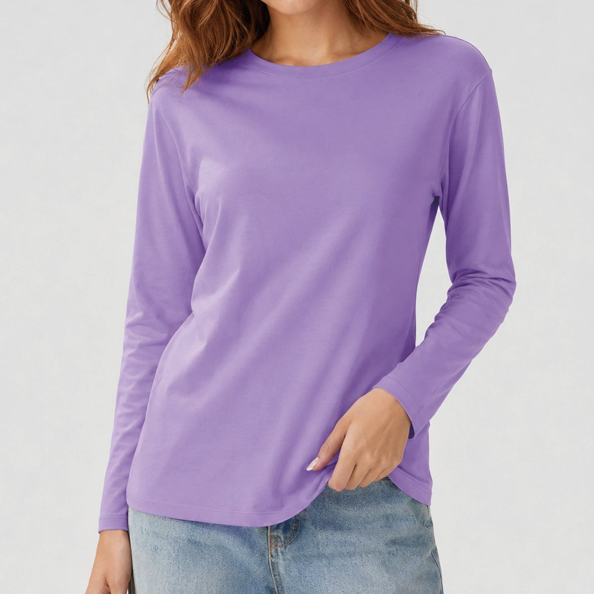 YUCOLEN Women's Long Sleeve Tri-blend Shirt Soft Breathable Loose Fit Crew Neck Tee in Light Purple