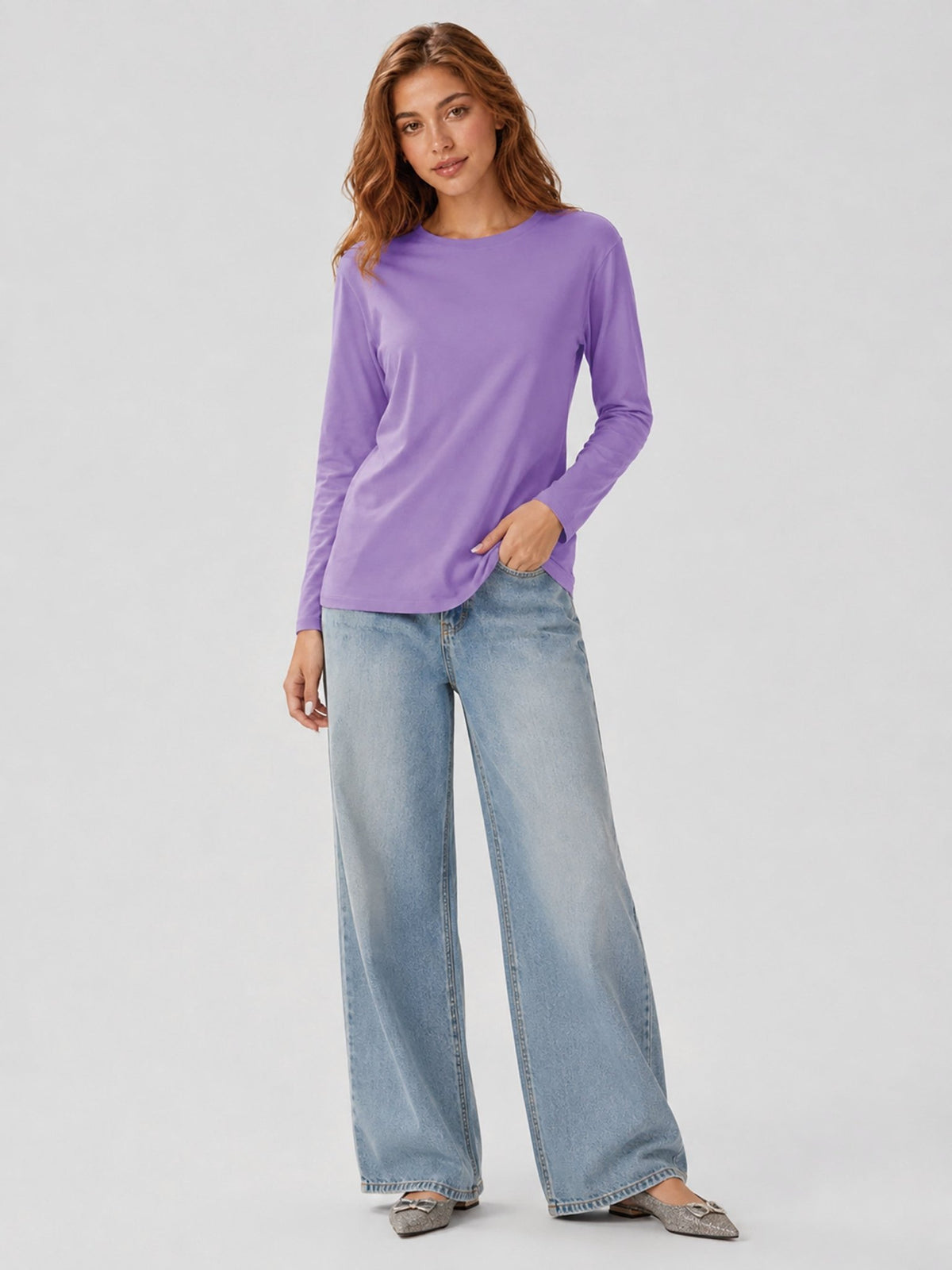YUCOLEN Women's Long Sleeve Tri-blend Shirt Soft Breathable Loose Fit Crew Neck Tee in Light Purple