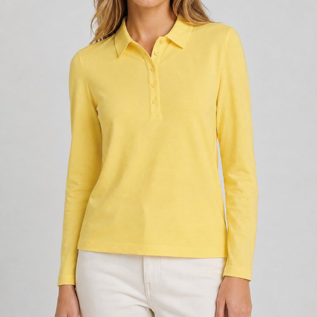 YUCOLEN Women's Long Sleeve Golf Shirt Breathable Cotton Blend 5-Button Top in Light Yellow