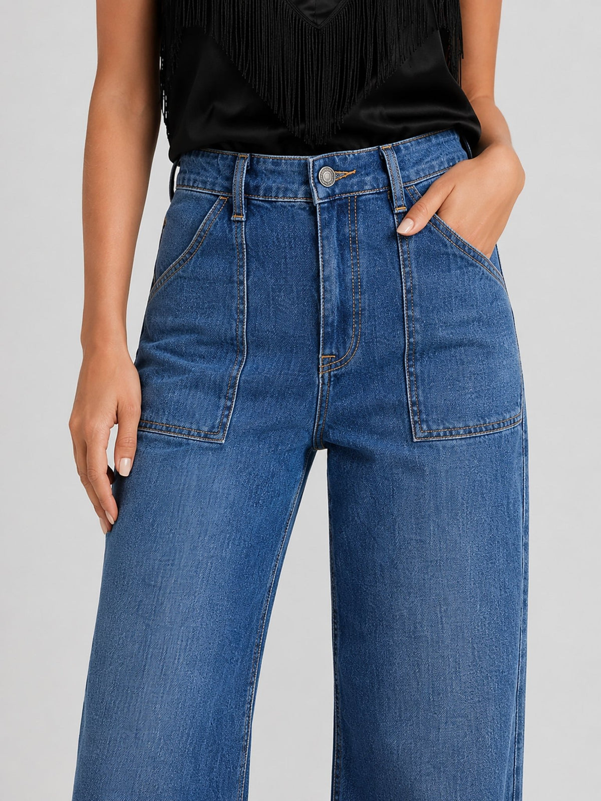 YUCOLEN Women's High Waisted Straight Leg Stretchy Denim Jeans with Pockets in Medium Blue