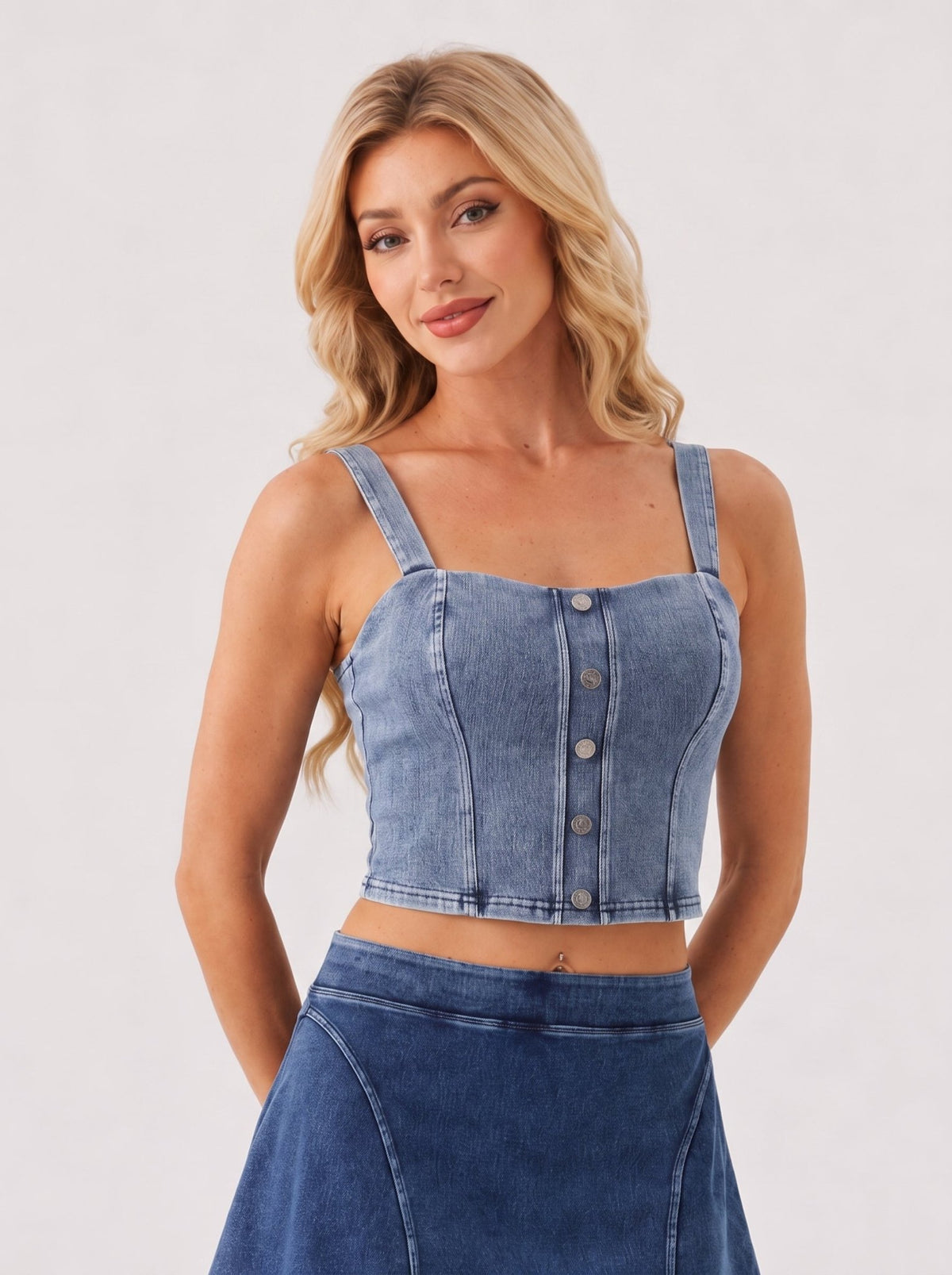 YUCOLEN Women's Square Neck Denim Look Tank Top with Built-in Bra Slim Fit Crop Workout Top in Medium blue