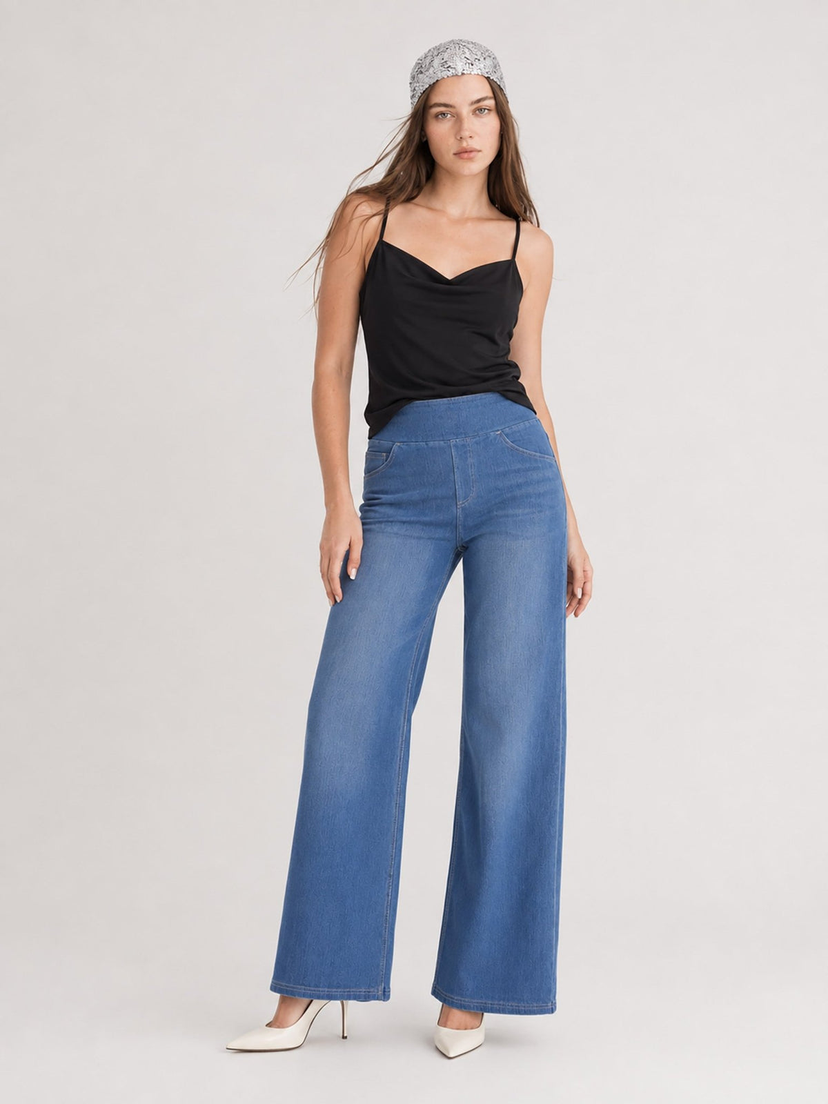 YUCOLEN Women's Wide Leg Jeans Stretchy High Waist Tummy Control Trousers in Medium blue