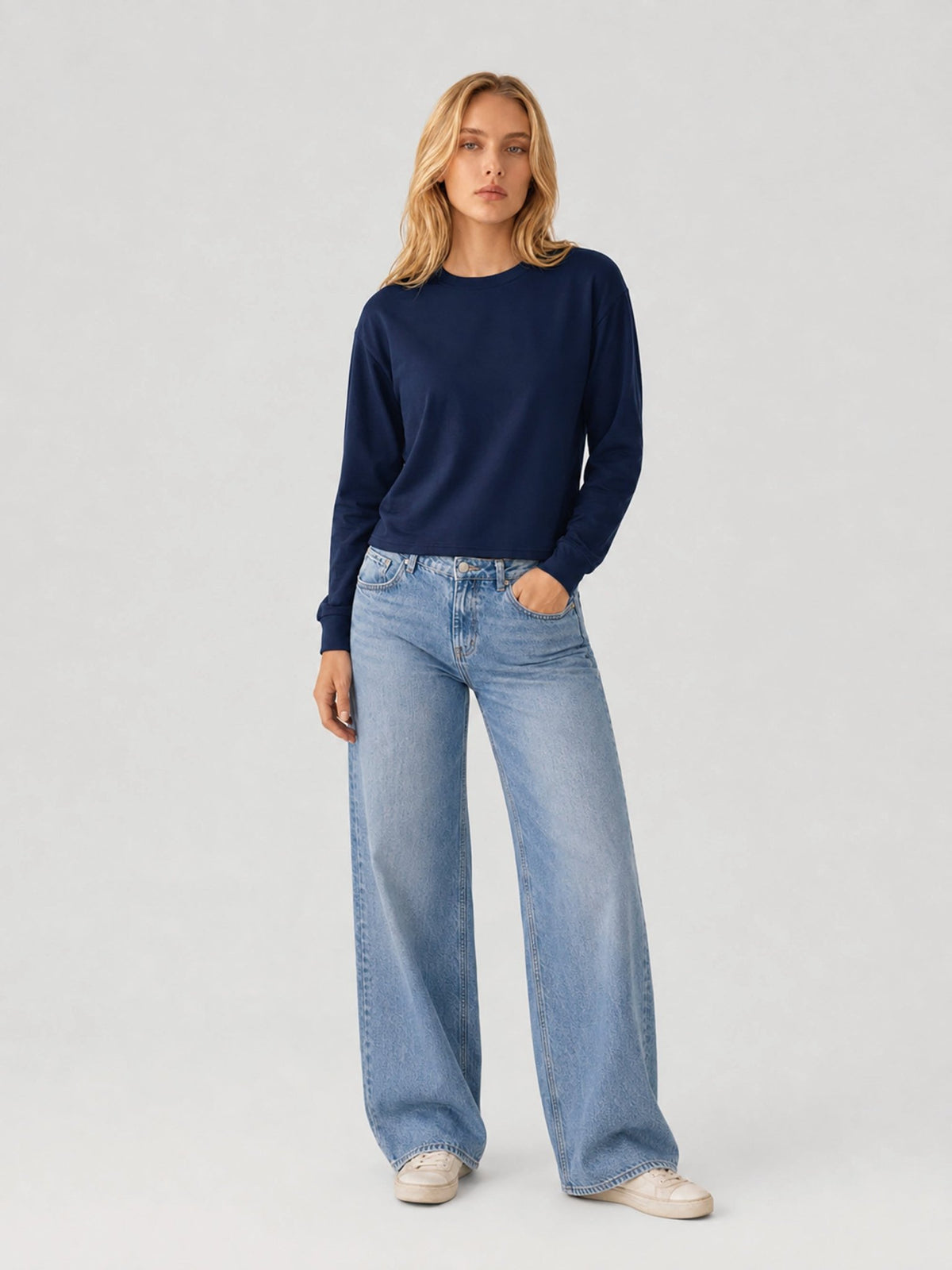 YUCOLEN Women's Breathable Cotton Blend Long Sleeve Crewneck Cropped Top in Navy