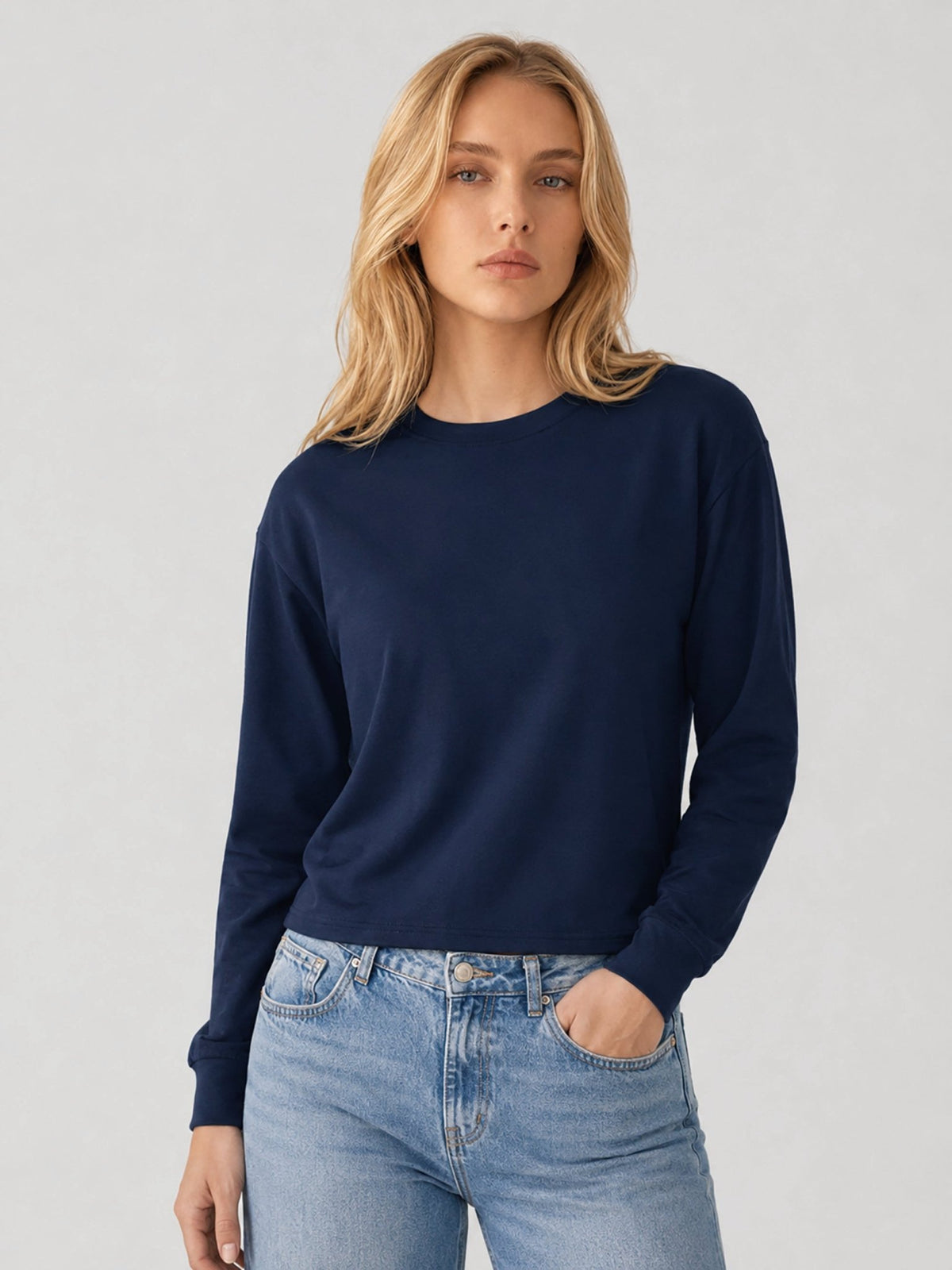 YUCOLEN Women's Breathable Cotton Blend Long Sleeve Crewneck Cropped Top in Navy