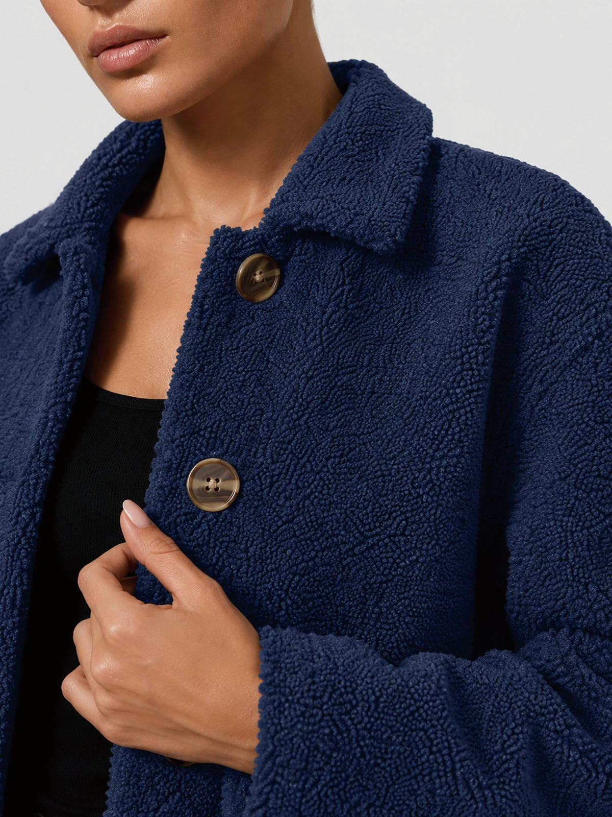 YUCOLEN Women‘s Button Down Fleece Jacket Soft Fuzzy Lapel Collar Coat with Pockets in Navy
