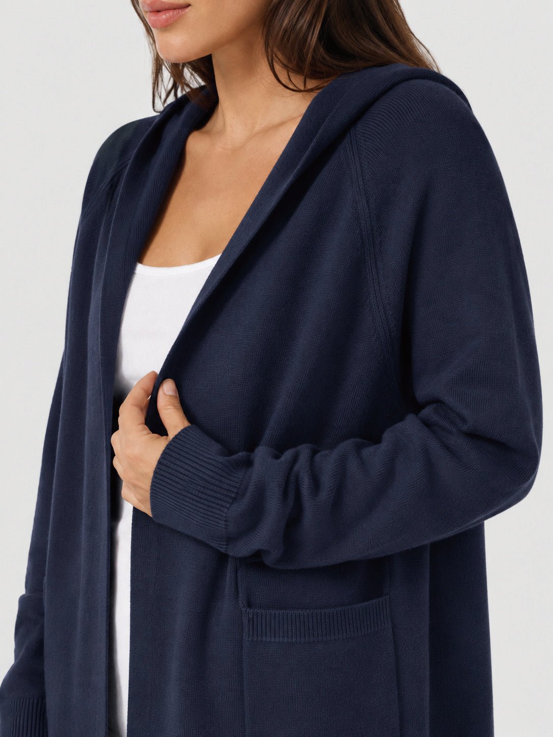 YUCOLEN Women's Hooded Open Front Cardigan Soft Knit Mid-Thigh Coatigan with Pockets in Navy