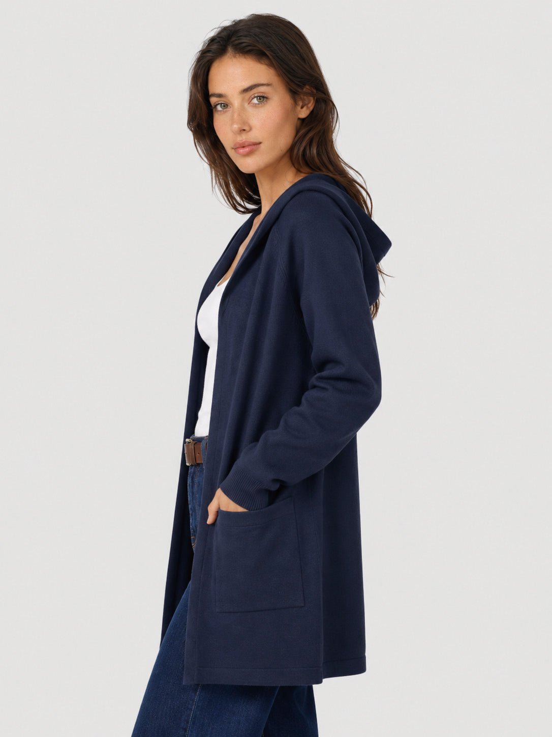 YUCOLEN Women's Hooded Open Front Cardigan Soft Knit Mid-Thigh Coatigan with Pockets in Navy