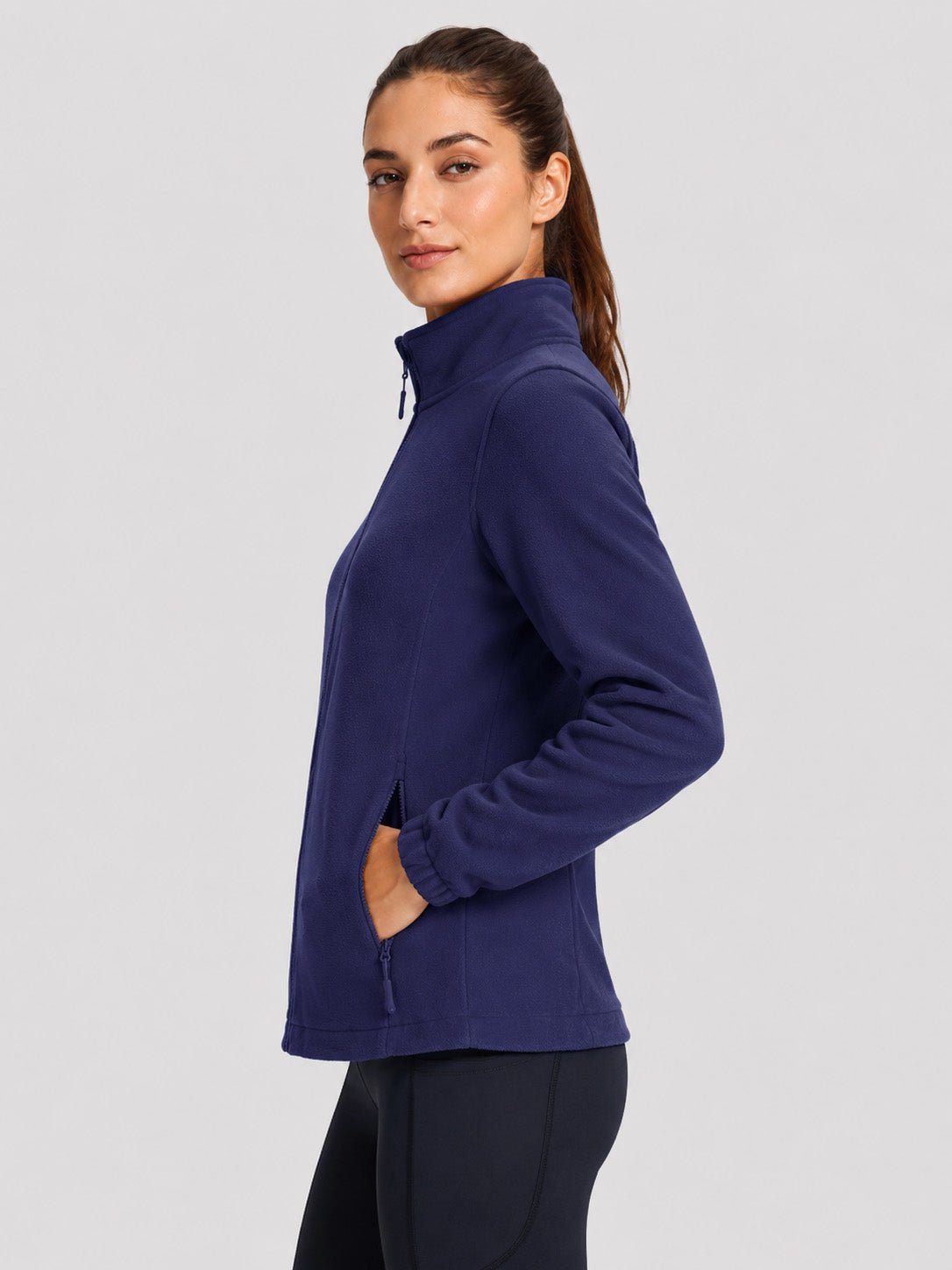 YUCOLEN Women's Lightweight Full Zip Fleece Jacket Windproof Stand Collar Outdoor Sweatshirt in Navy