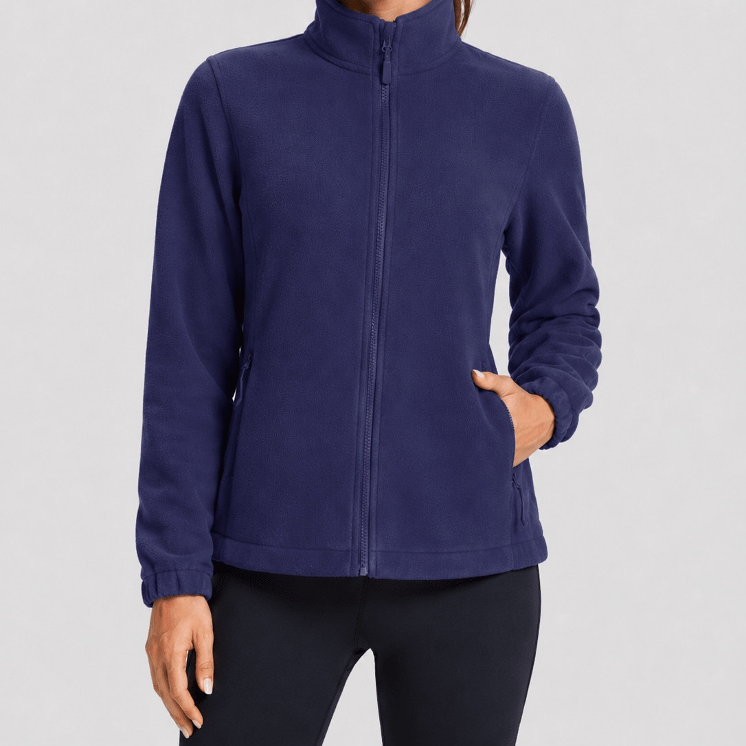 YUCOLEN Women's Lightweight Full Zip Fleece Jacket Windproof Stand Collar Outdoor Sweatshirt in Navy