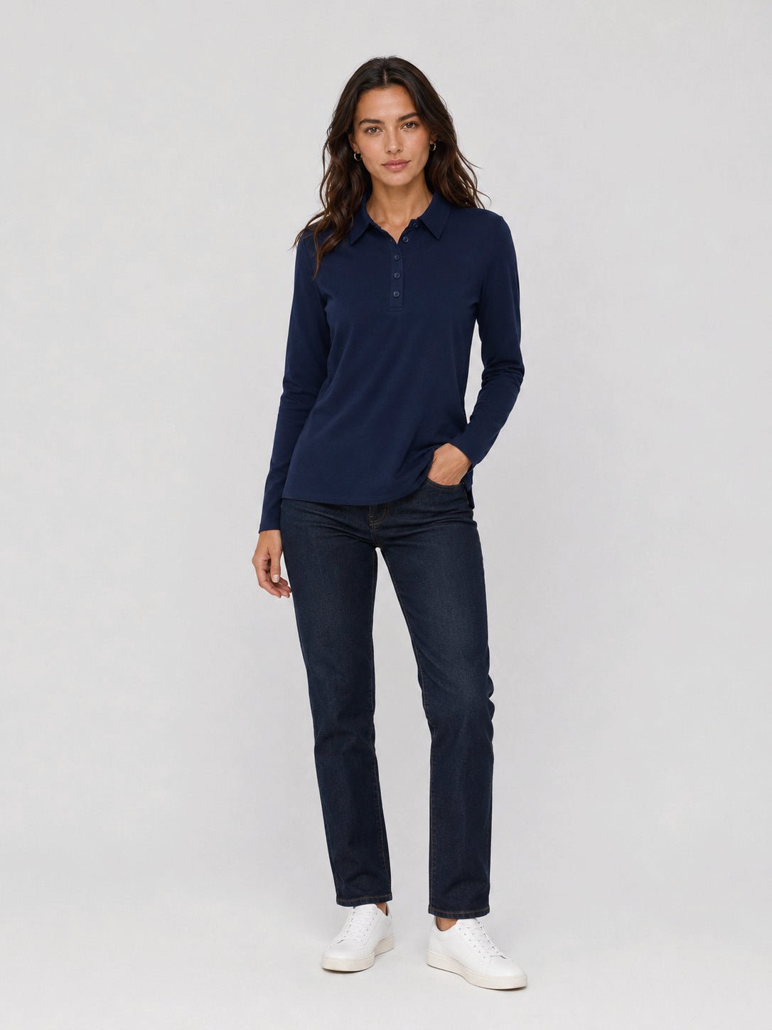 YUCOLEN Women's Long Sleeve Golf Shirt Breathable Cotton Blend 5-Button Top in Navy