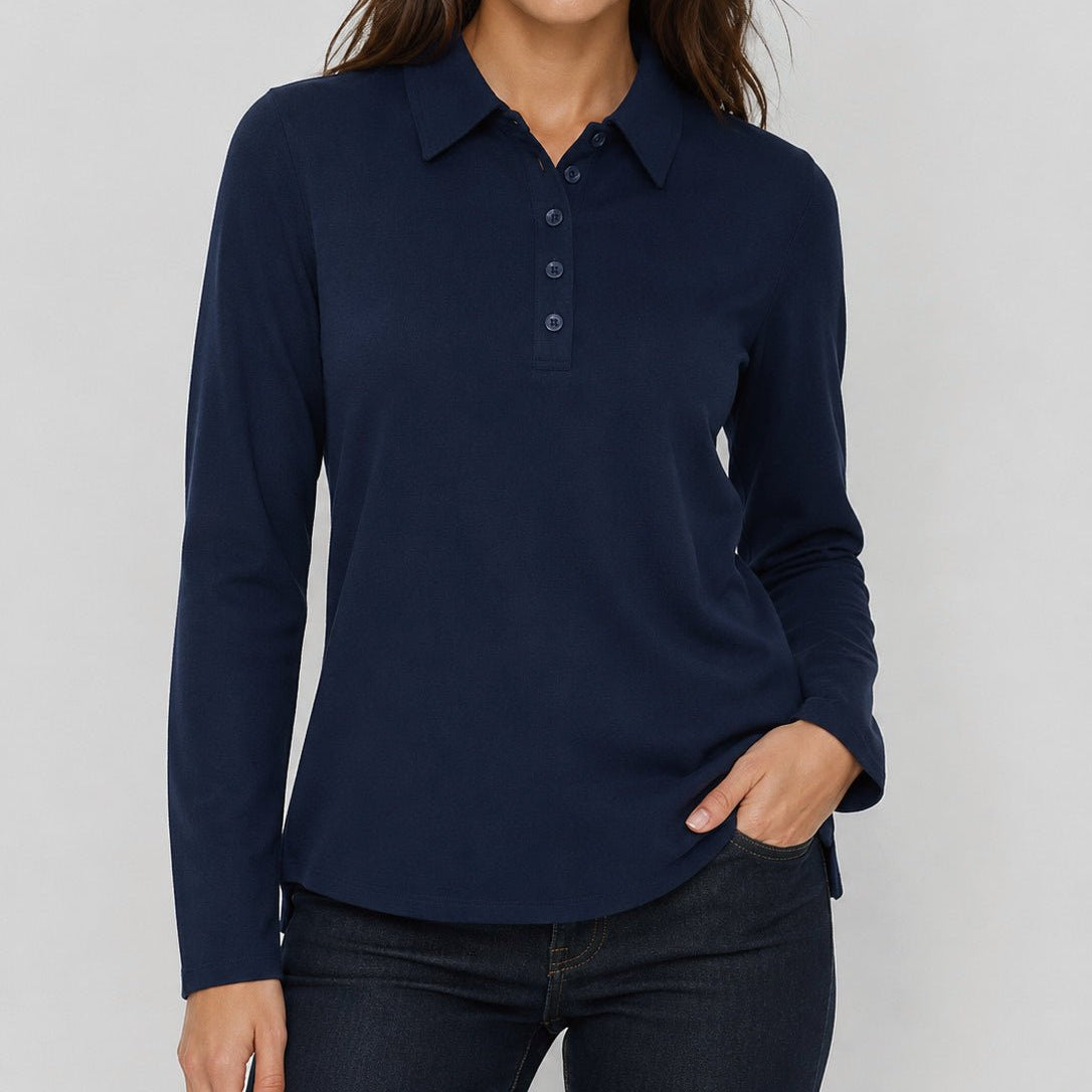 YUCOLEN Women's Long Sleeve Golf Shirt Breathable Cotton Blend 5-Button Top in Navy