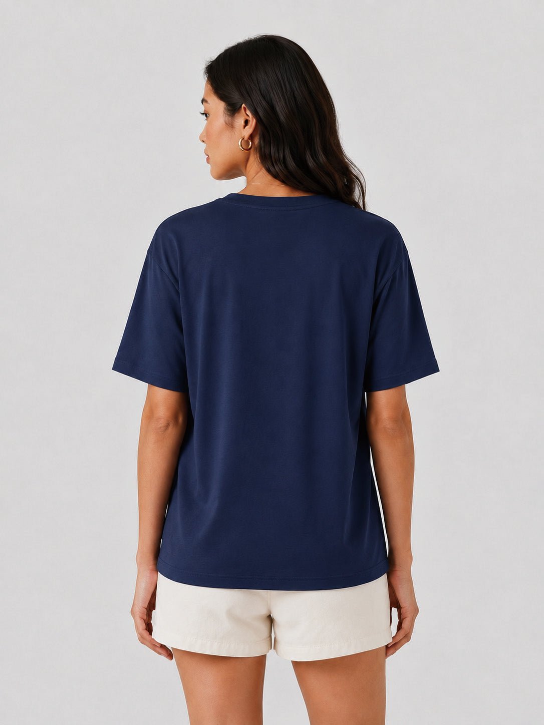 YUCOLEN Women's Oversized Cotton Blend T-Shirt Loose Fit Drop Shoulder Crewneck Tee in Navy
