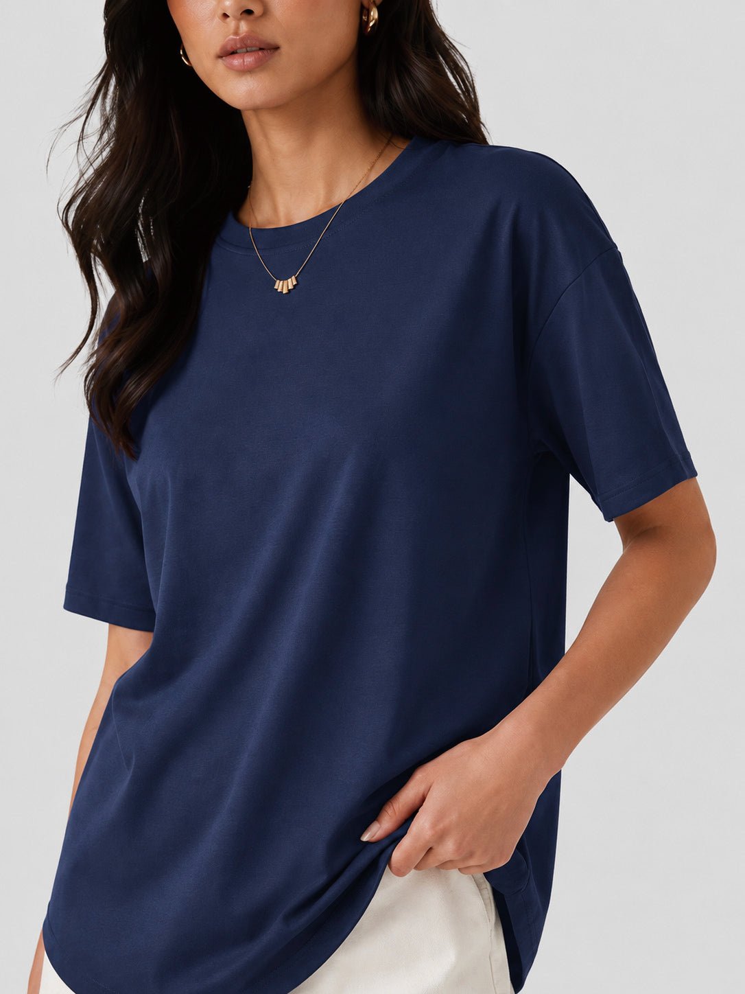 YUCOLEN Women's Oversized Cotton Blend T-Shirt Loose Fit Drop Shoulder Crewneck Tee in Navy