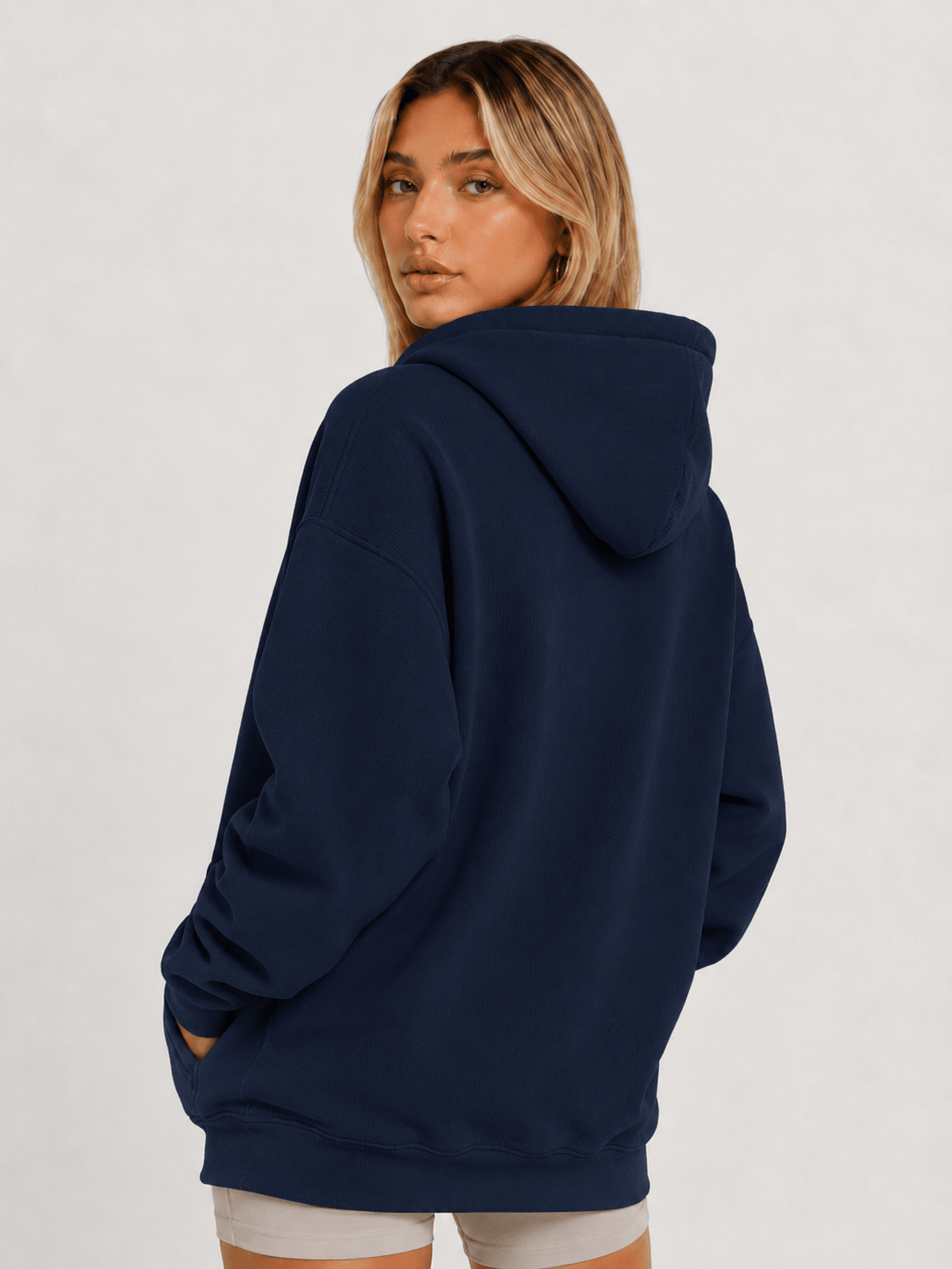 YUCOLEN Women's Oversized Textured Fleece Hoodie Loose Pullover Sweatshirt with Kangaroo Pocket in Navy