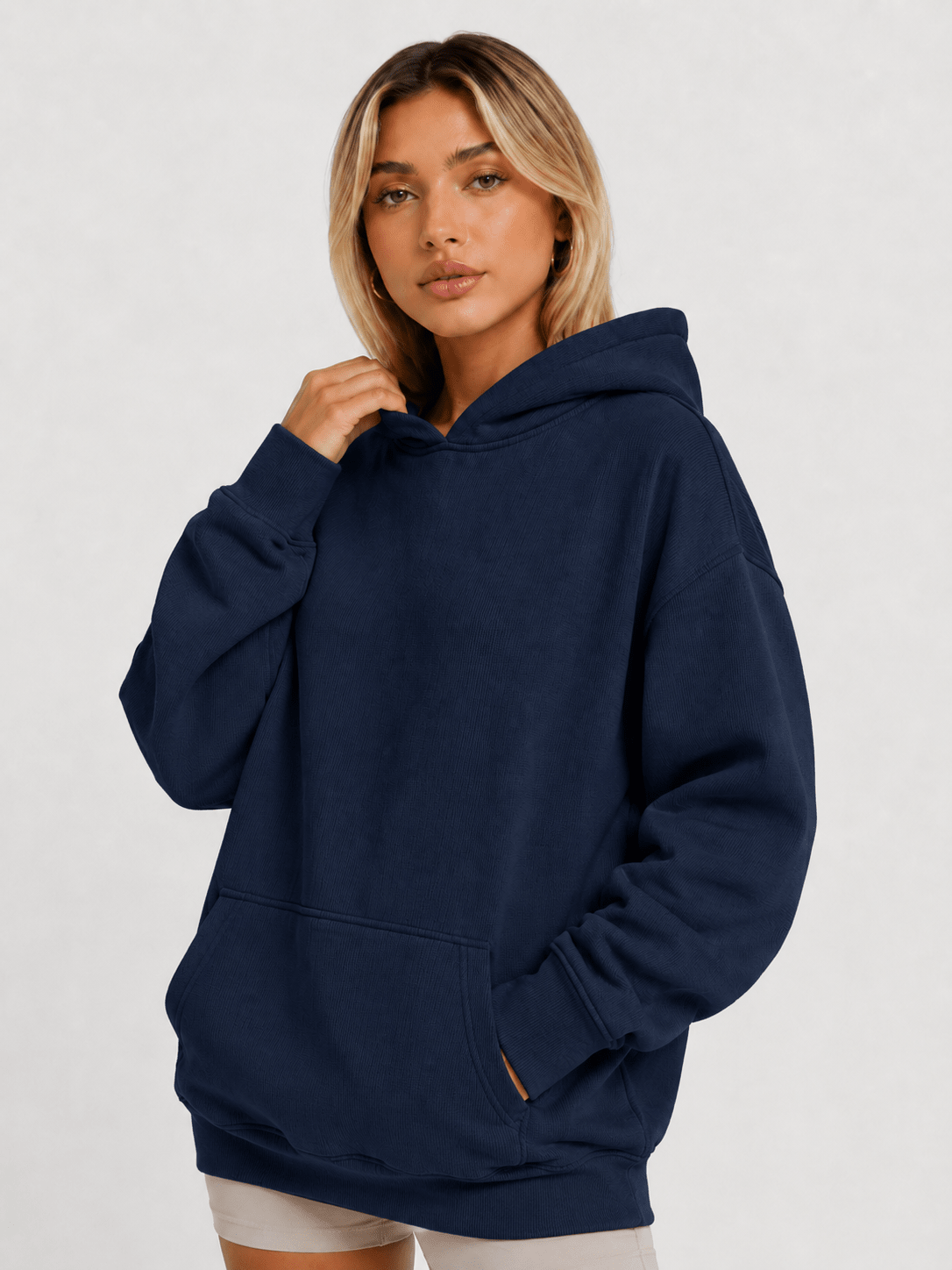 YUCOLEN Women's Oversized Textured Fleece Hoodie Loose Pullover Sweatshirt with Kangaroo Pocket in Navy