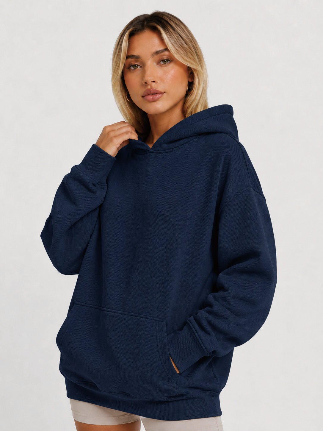 YUCOLEN Women's Oversized Textured Fleece Hoodie Loose Pullover Sweatshirt with Kangaroo Pocket in Navy