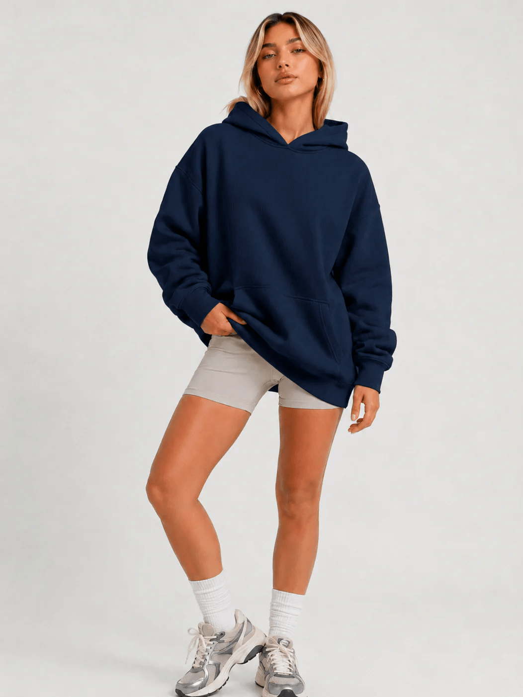 YUCOLEN Women's Oversized Textured Fleece Hoodie Loose Pullover Sweatshirt with Kangaroo Pocket in Navy