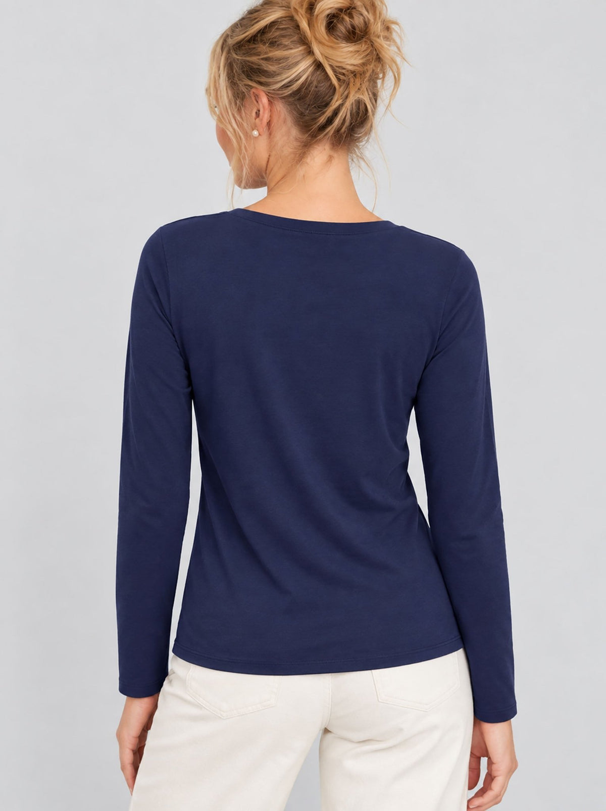 YUCOLEN Womens Pleated Crew Neck Long Sleeve Casual Stretch Top in Navy