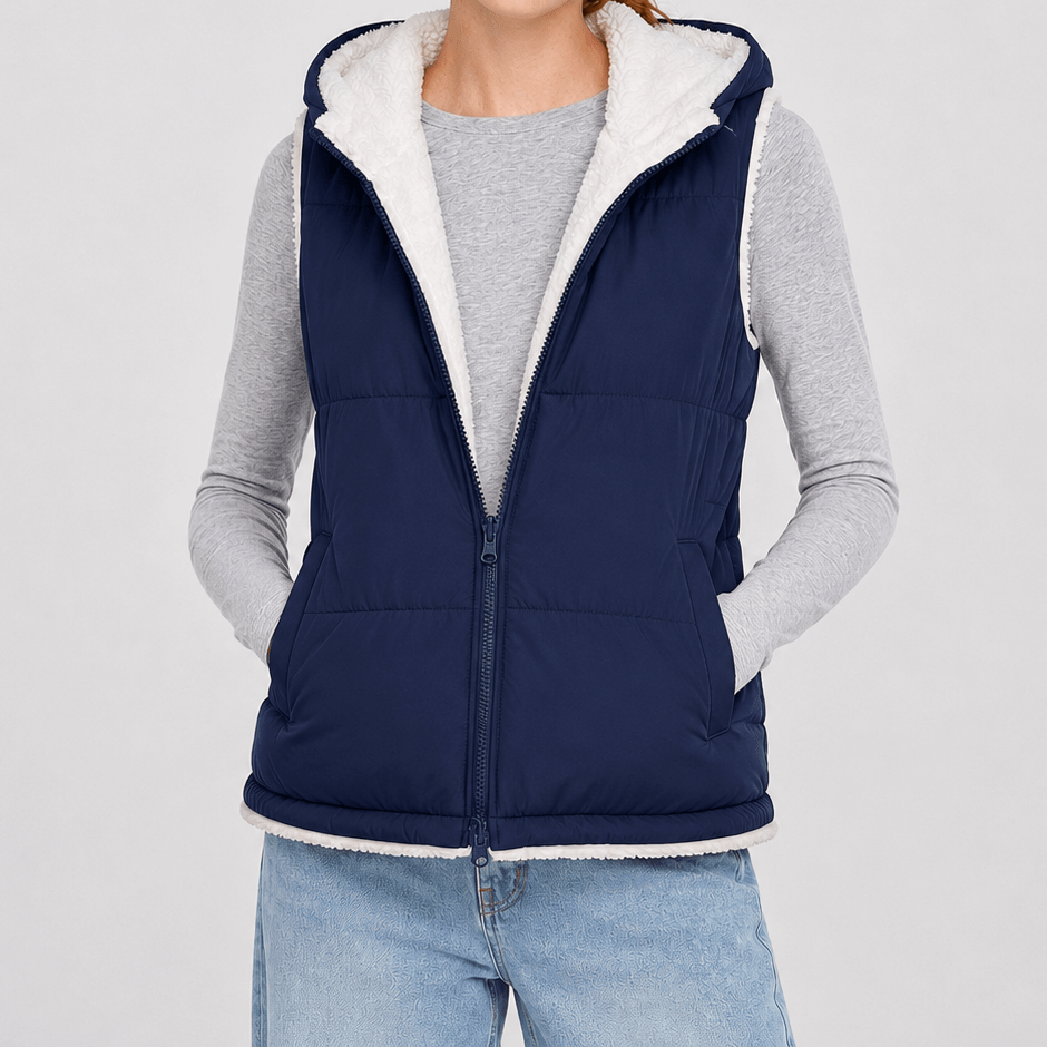 YUCOLEN Women's Reversible Puffer Fleece Lined Hooded Vest in Navy