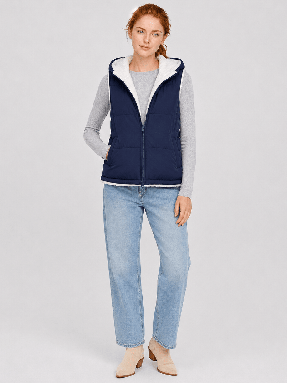 YUCOLEN Women's Reversible Puffer Fleece Lined Hooded Vest in Navy
