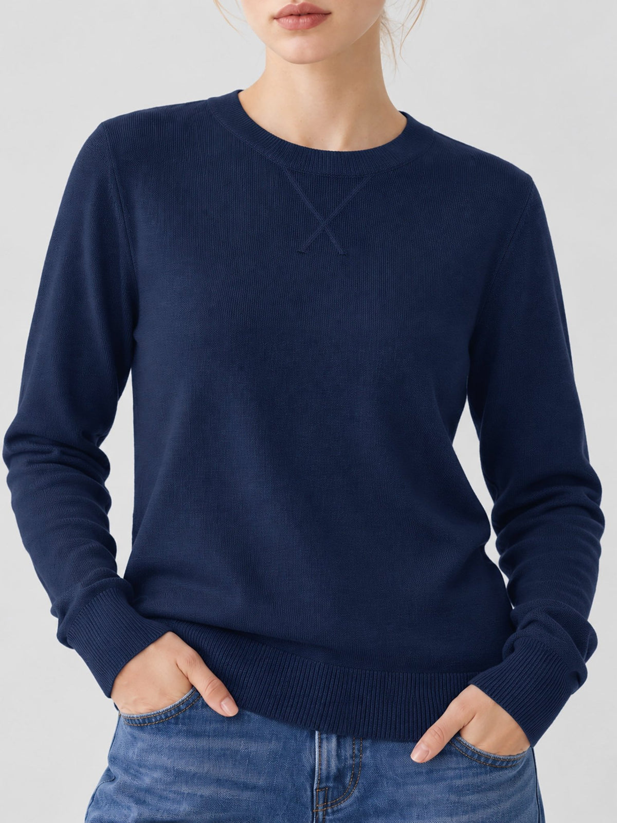 YUCOLEN Women's Soft Wool Blend Lightweight Crewneck Pullover Sweater in Navy