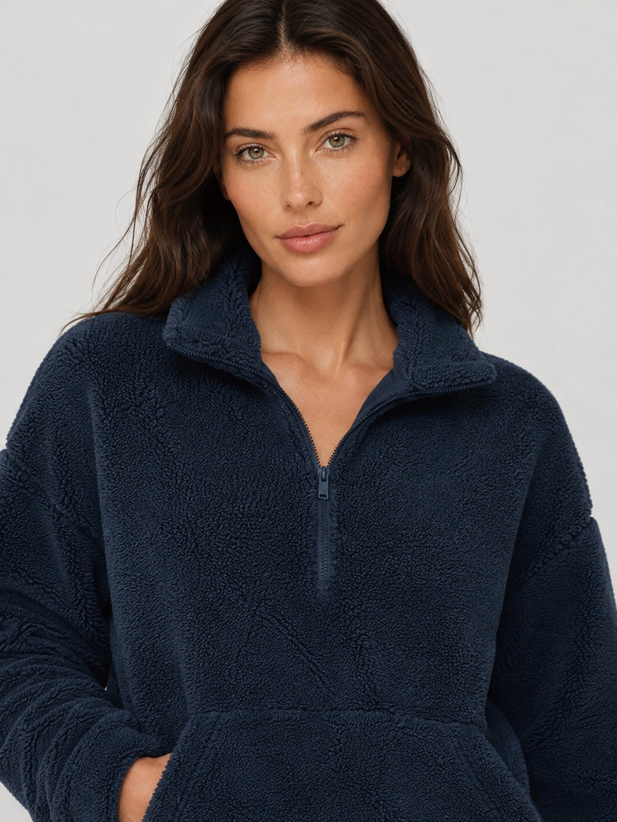 YUCOLEN Women's Stretchy Half Zip Fuzzy Sherpa Pullover with Kangaroo Pocket in Navy