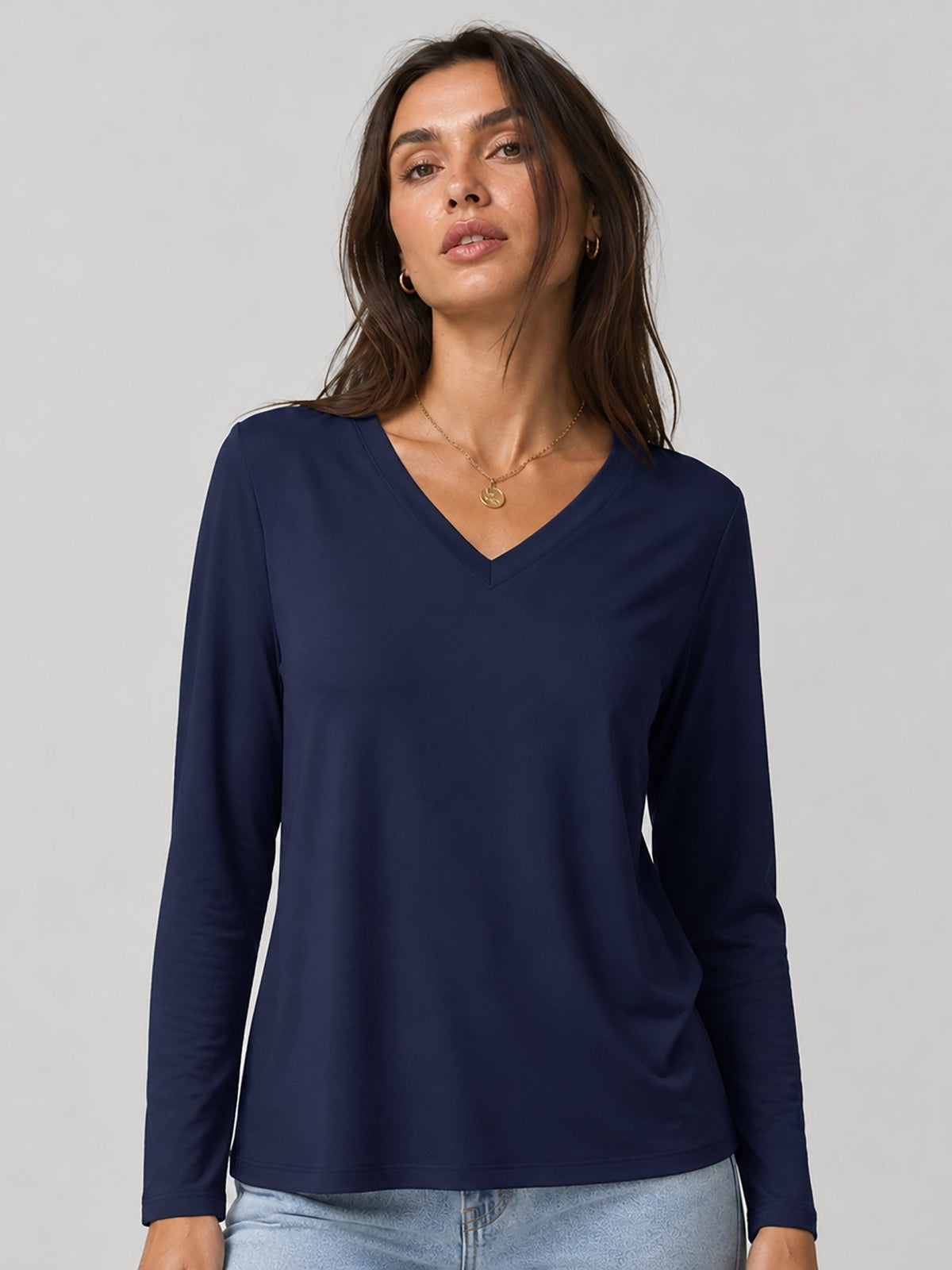 YUCOLEN Women's V Neck Long Sleeve Shirt Cotton Blend Soft Performance Tee in Navy