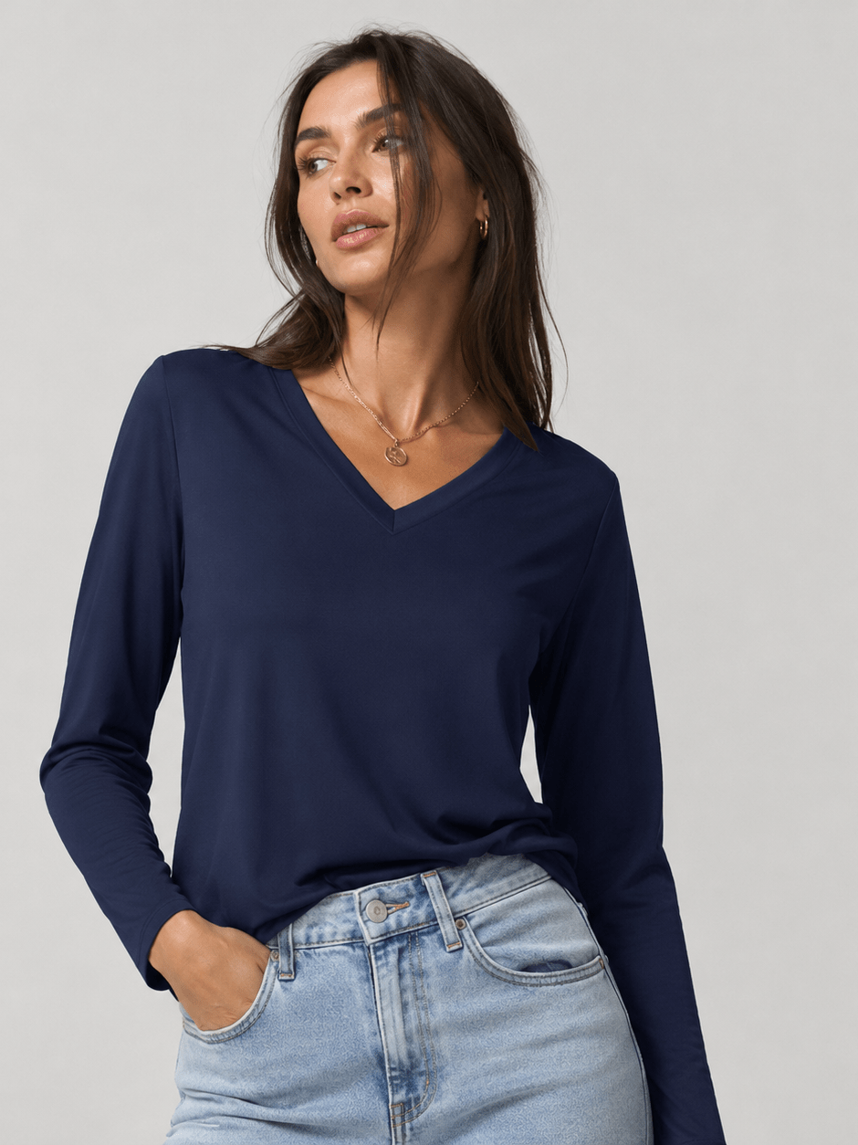 YUCOLEN Women's V Neck Long Sleeve Shirt Cotton Blend Soft Performance Tee in Navy