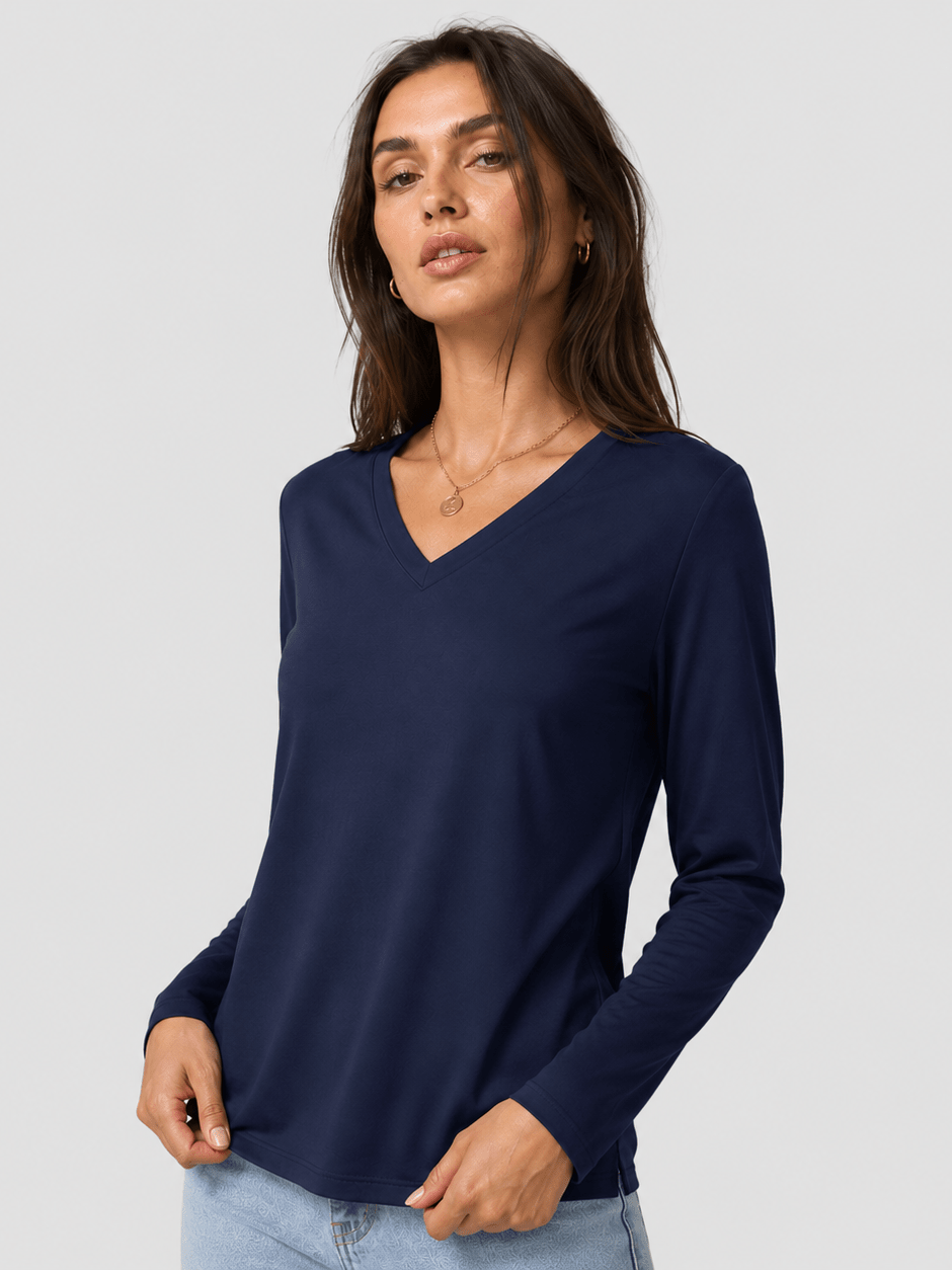 YUCOLEN Women's V Neck Long Sleeve Shirt Cotton Blend Soft Performance Tee in Navy