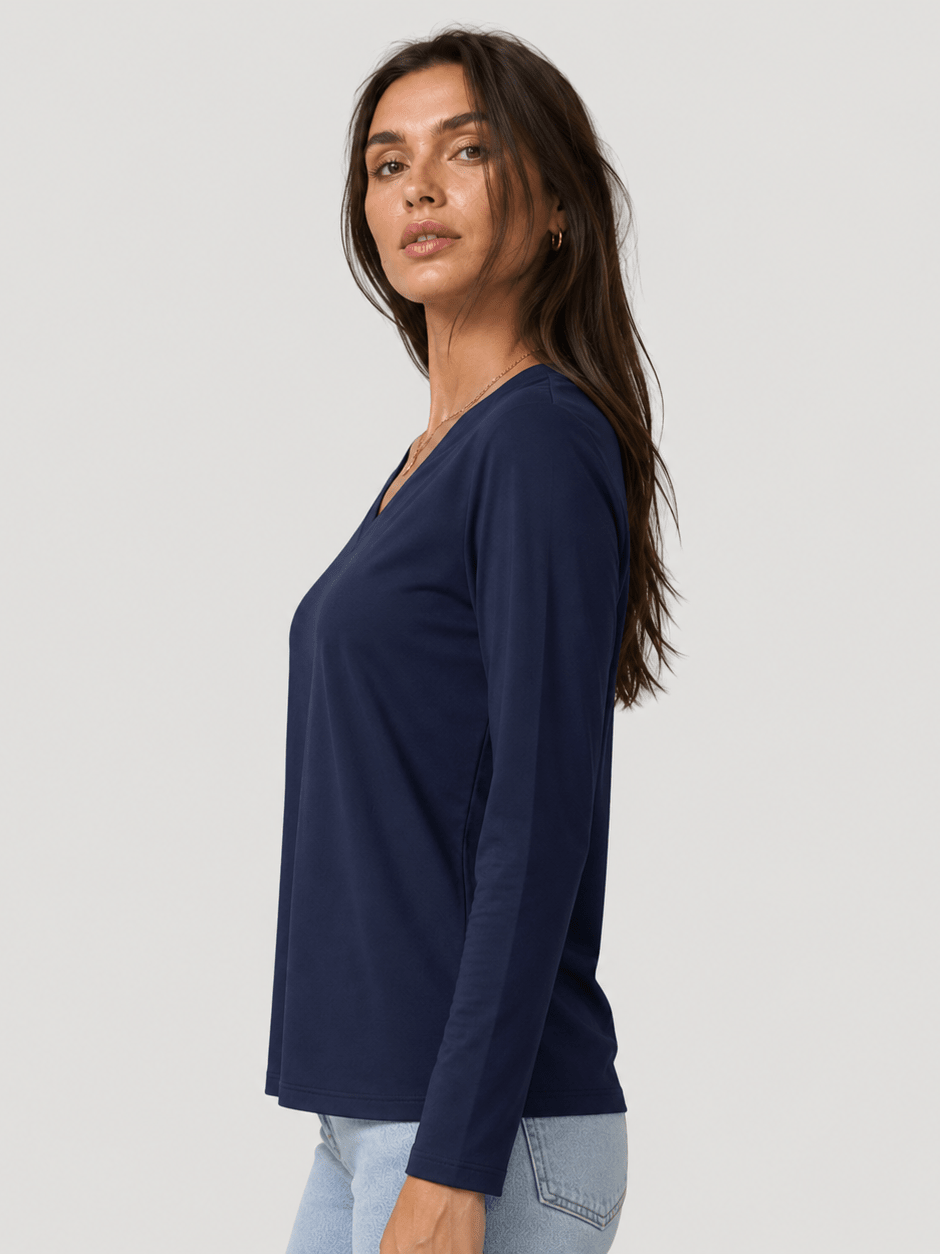 YUCOLEN Women's V Neck Long Sleeve Shirt Cotton Blend Soft Performance Tee in Navy