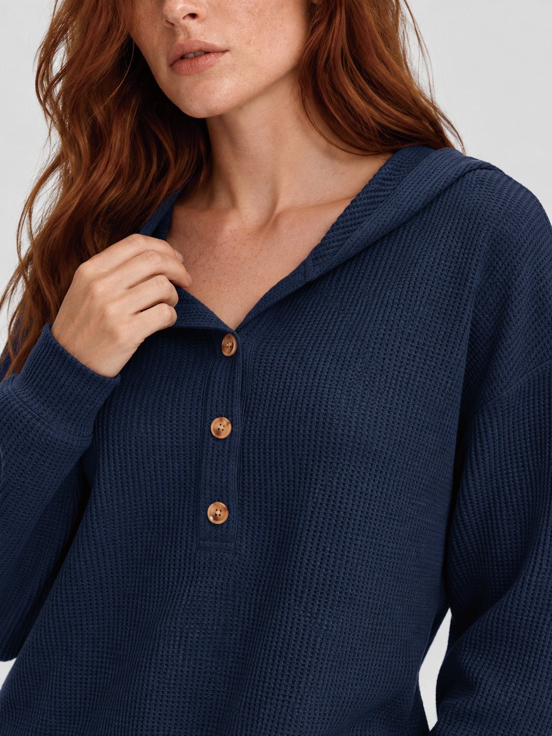 YUCOLEN Women's Waffle Knit Oversized Hoodie 4-Button Henley Pullover in Navy