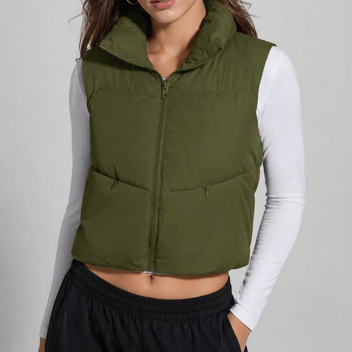 YUCOLEN Women's Cropped Puffer Vest Lightweight Sleeveless Quilted Bubble Gilet in Olive Green