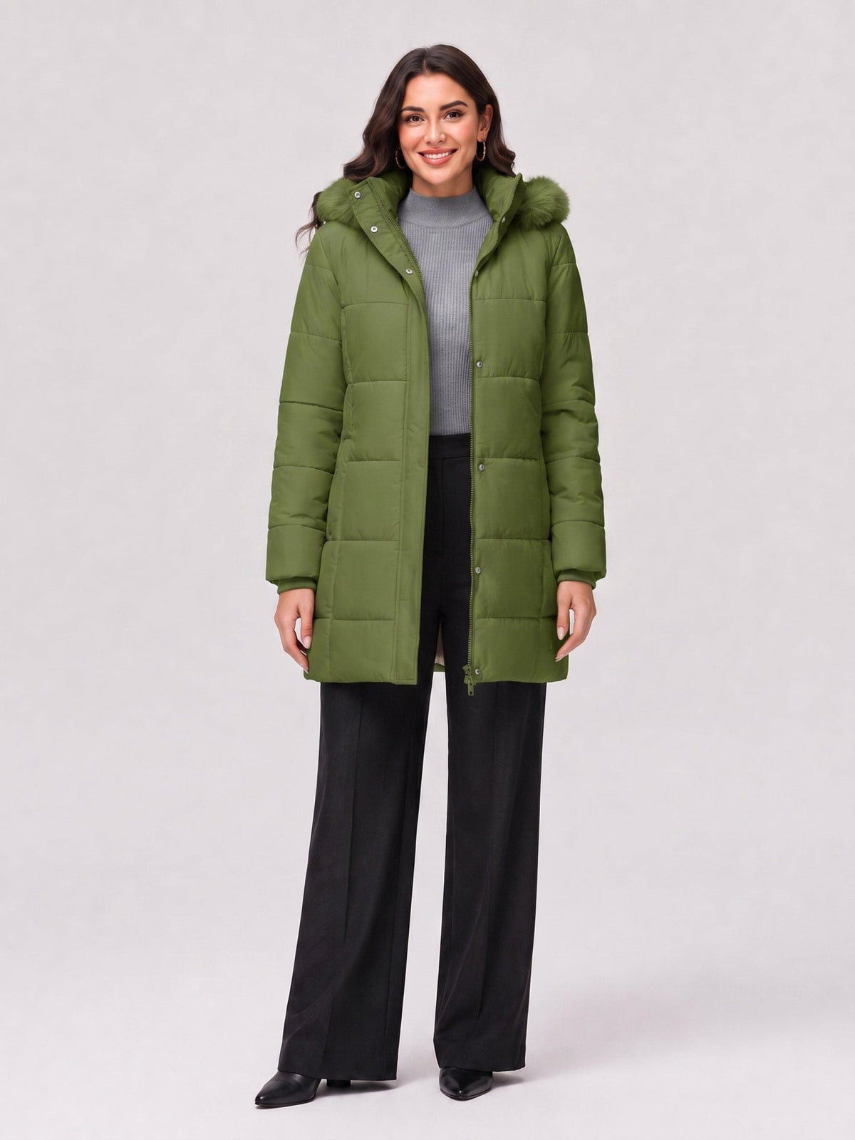 YUCOLEN Women's Long Winter Down Coat Fleece Lined Puffer Jackets in Olive Green