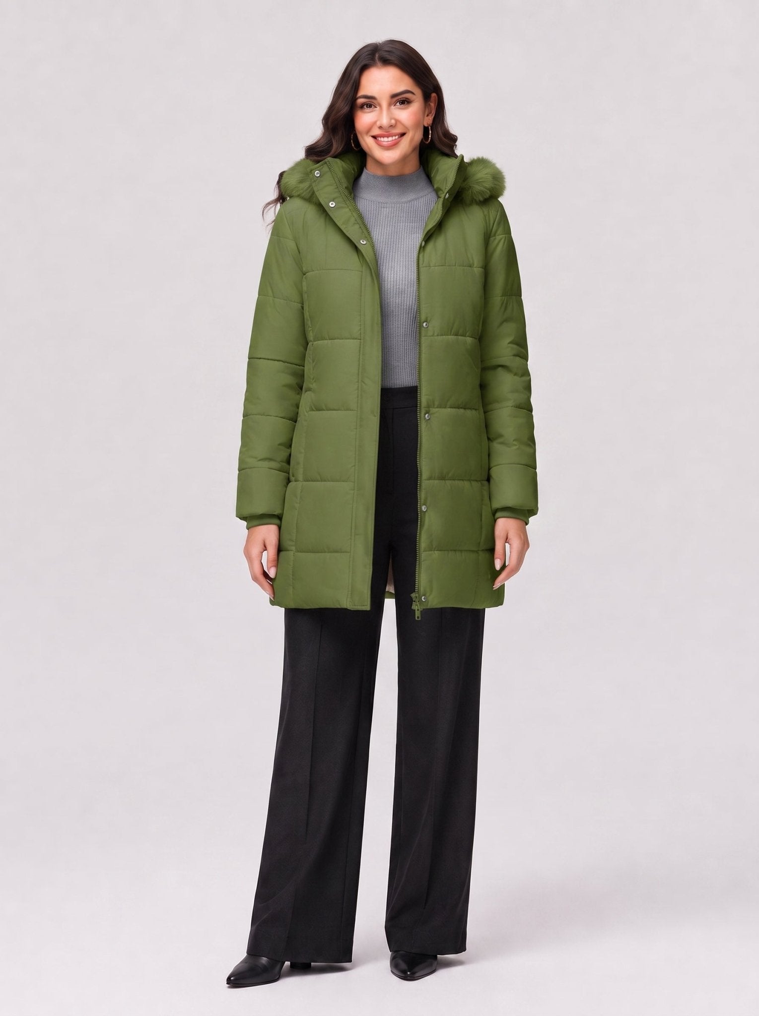 YUCOLEN Women's Long Winter Down Coat Fleece Lined Puffer Jackets in Olive Green