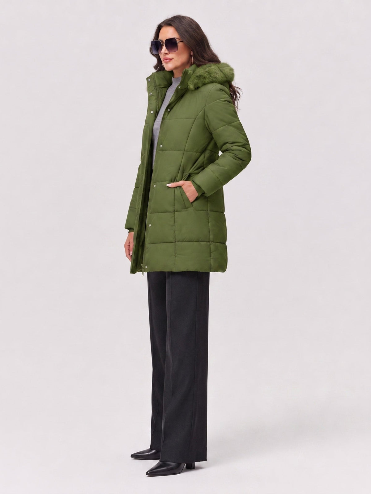 YUCOLEN Women's Long Winter Down Coat Fleece Lined Puffer Jackets in Olive Green