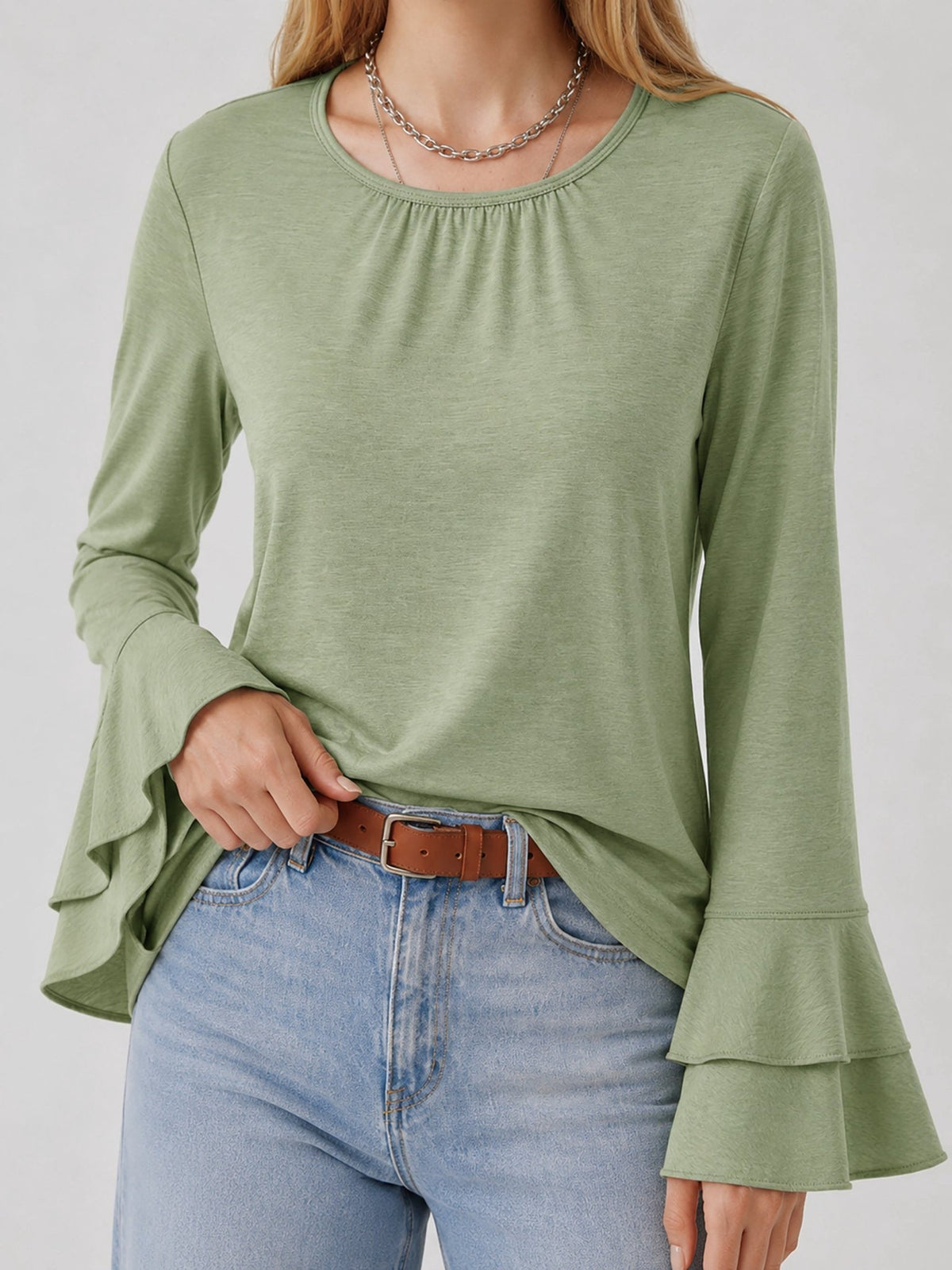YUCOLEN Women's Double Ruffle Bell Sleeve Dressy Casual Tunic Blouse in Pea Green