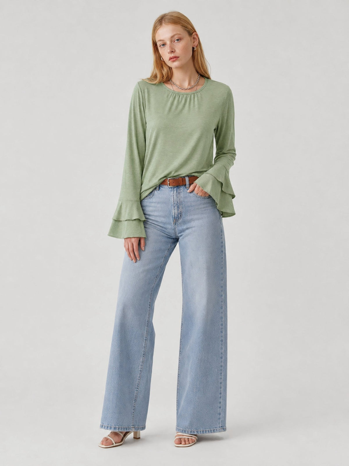 YUCOLEN Women's Double Ruffle Bell Sleeve Dressy Casual Tunic Blouse in Pea Green