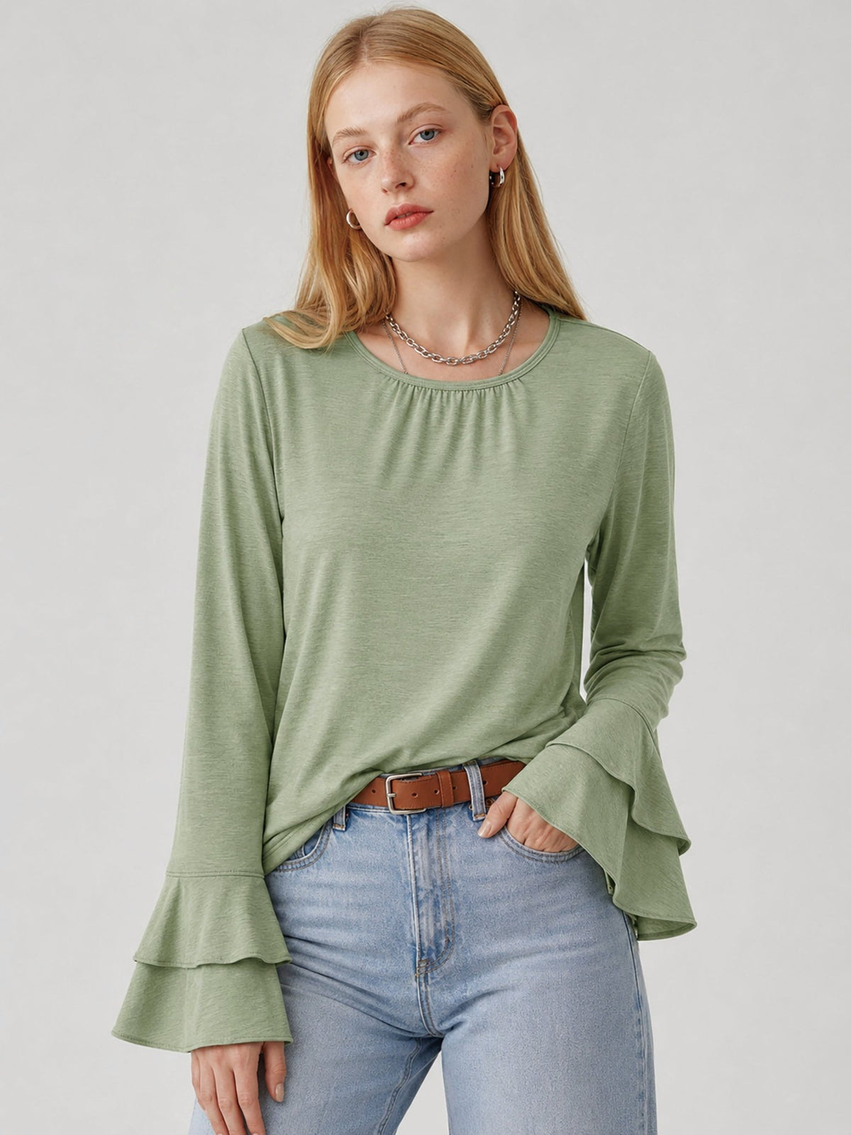 YUCOLEN Women's Double Ruffle Bell Sleeve Dressy Casual Tunic Blouse in Pea Green