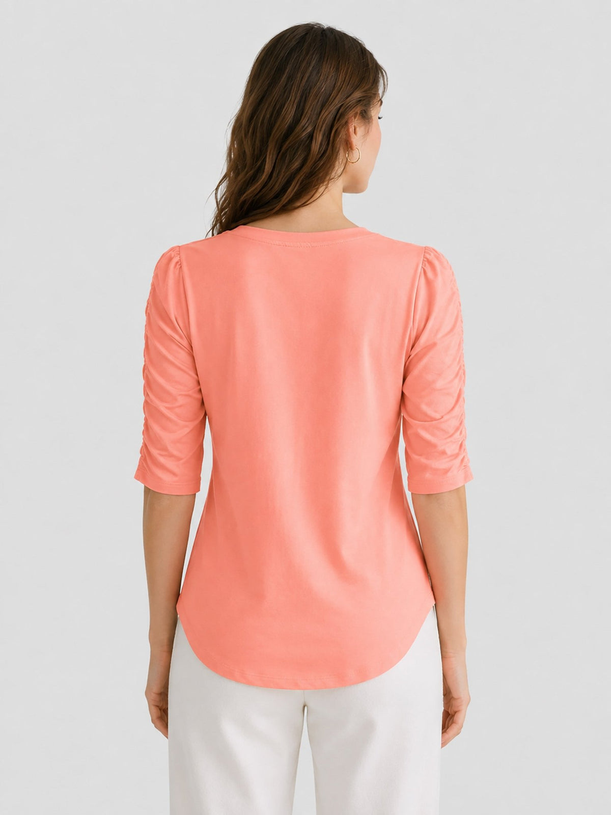 YUCOLEN Women's Puff Half Sleeve Tri-blend Top Casual Blouse in Peach Pink