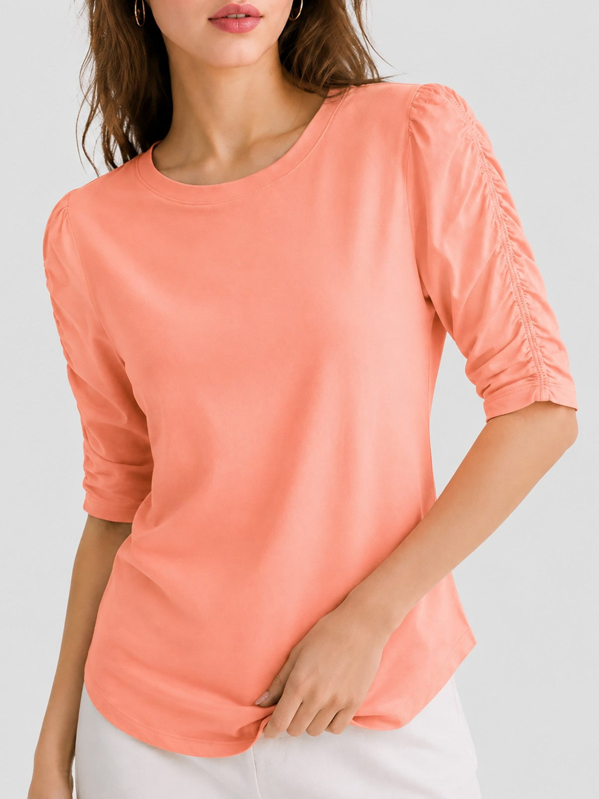 YUCOLEN Women's Puff Half Sleeve Tri-blend Top Casual Blouse in Peach Pink