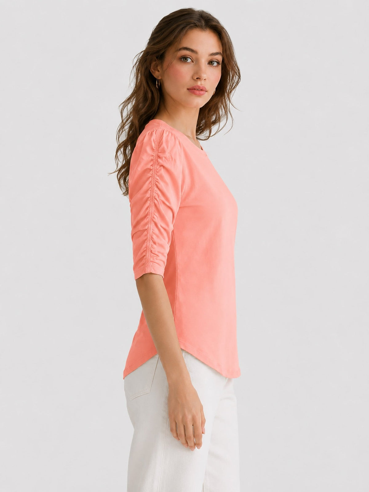 YUCOLEN Women's Puff Half Sleeve Tri-blend Top Casual Blouse in Peach Pink